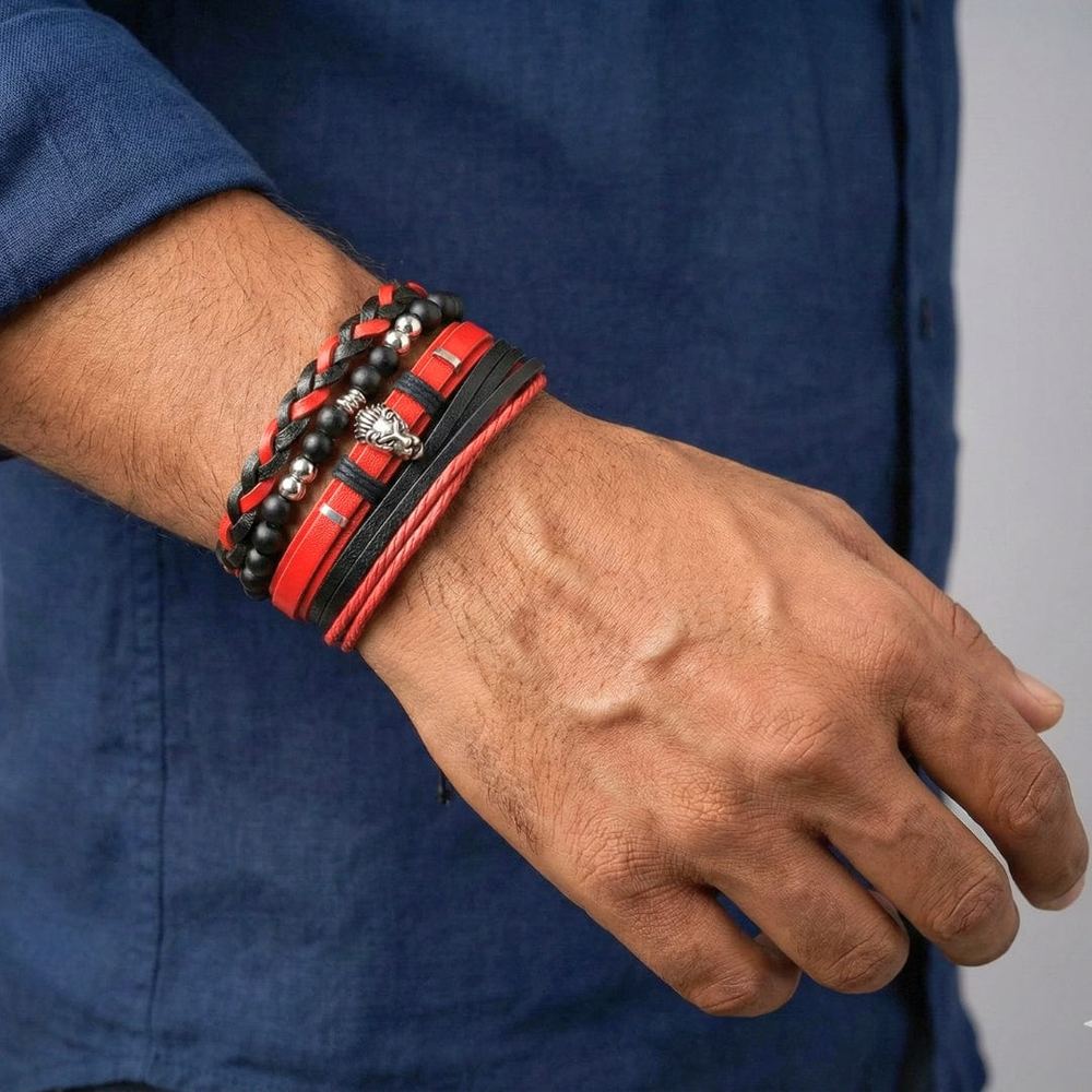 CRIMSON LION - 4 Pcs Genuine Leather Adjustable Bracelet Set for Men & Boys (8 inch) - THE MEN THING