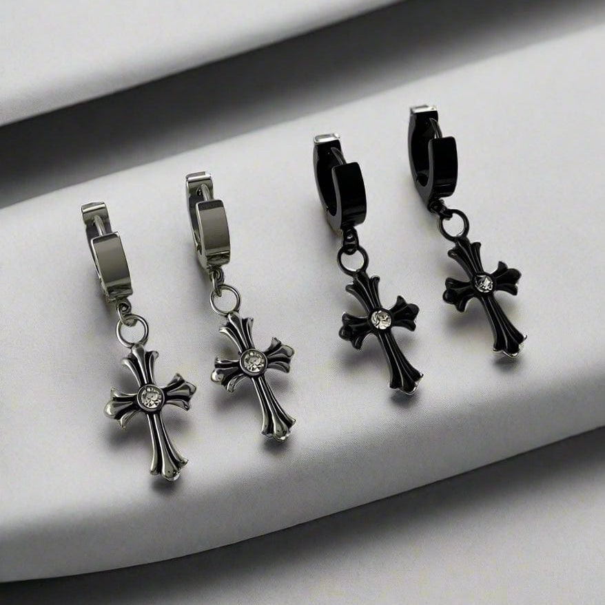 CROSS CIRCLE BLACK - Titanium Steel Hoop Earrings for Men & Boys (2 Pcs) - THE MEN THING