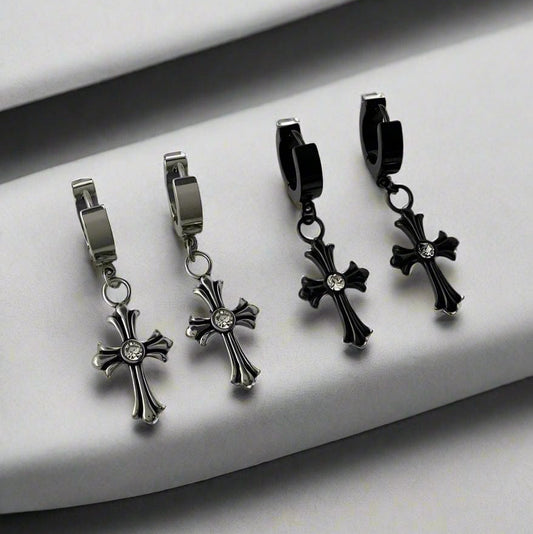 CROSS CIRCLE BLACK - Titanium Steel Hoop Earrings for Men & Boys (2 Pcs) - THE MEN THING