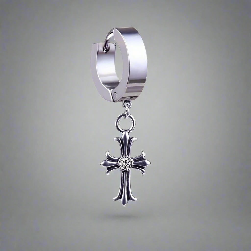 CROSS CIRCLE SILVER - Titanium Steel Hoop Earrings for Men & Boys (2 Pcs) - THE MEN THING