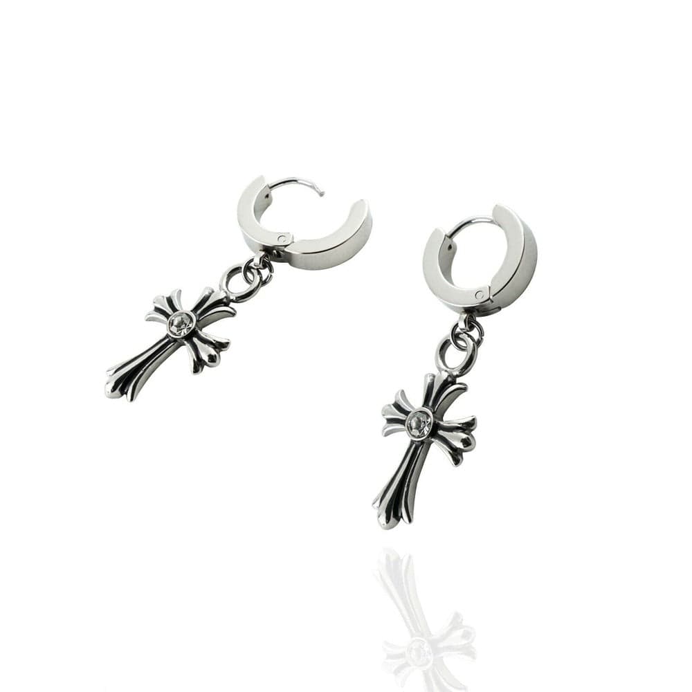 CROSS CIRCLE SILVER - Titanium Steel Hoop Earrings for Men & Boys (2 Pcs) - THE MEN THING