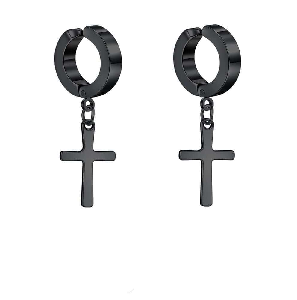 CROSS FAITH BLACK - Non-Piercing Pure Titanium Steel Earring for Men & Boys (2 Pcs) — Nose & Ear Ring for Men | THE MEN THING