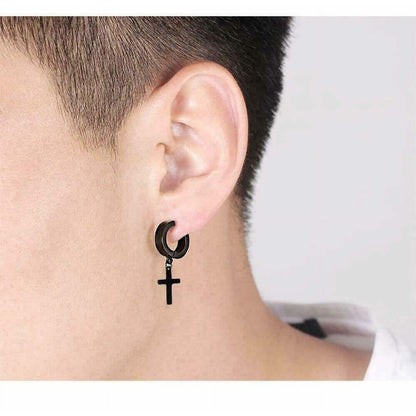 CROSS FAITH BLACK - Non-Piercing Pure Titanium Steel Earring for Men & Boys (2 Pcs) — Nose & Ear Ring for Men | THE MEN THING