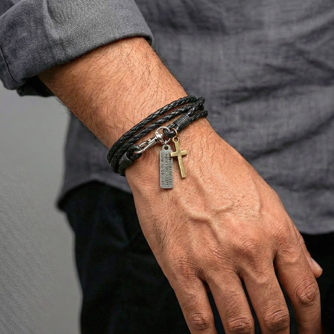 CROSSLOOM - Black 8mm Genuine Leather Bracelet with Stainless Steel Lobster Clasp for Men & Boys (15 inch) - THE MEN THING