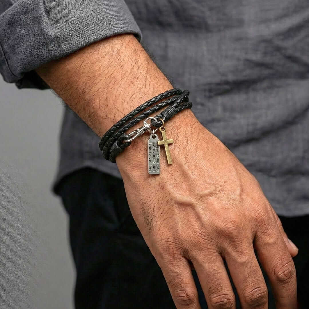 CROSSLOOM - Black 8mm Genuine Leather Bracelet with Stainless Steel Lobster Clasp for Men & Boys (15 inch) — Leather Bracelet for Men | THE MEN THING