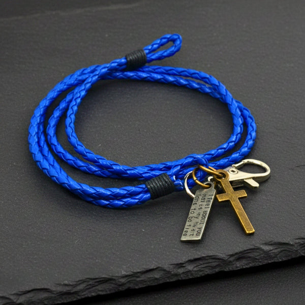 CROSSLOOM - Blue 8mm Genuine Leather Bracelet with Stainless Steel Lobster Clasp for Men & Boys (15 inch)
