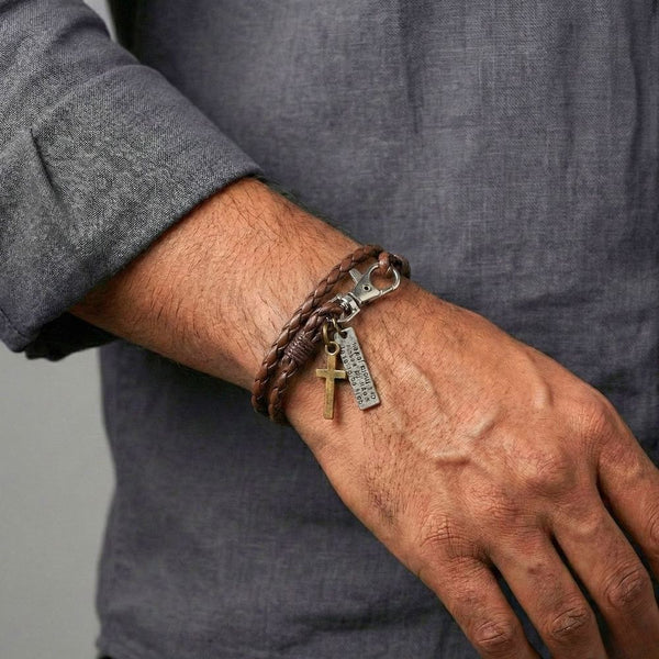 CROSSLOOM - Coffee 8mm Genuine Leather Bracelet with Stainless Steel Lobster Clasp for Men & Boys (15 inch)
