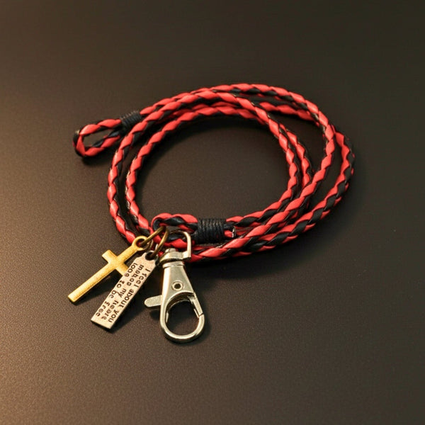CROSSLOOM -  Red and Black 10mm Genuine Leather Bracelet with Stainless Steel Lobster Clasp for Men & Boys (15 inch)