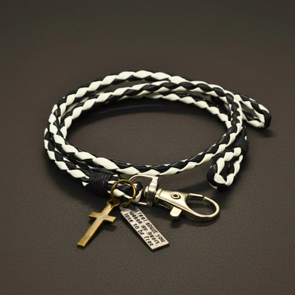 CROSSLOOM - White and Black 10mm Genuine Leather Bracelet with Stainless Steel Lobster Clasp for Men & Boys (15 inch)