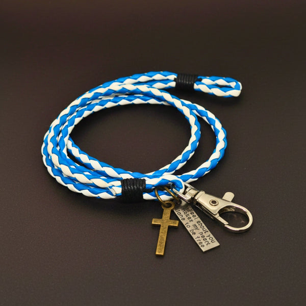 CROSSLOOM - White and Blue 10mm Genuine Leather Bracelet with Stainless Steel Lobster Clasp for Men & Boys (15 inch)