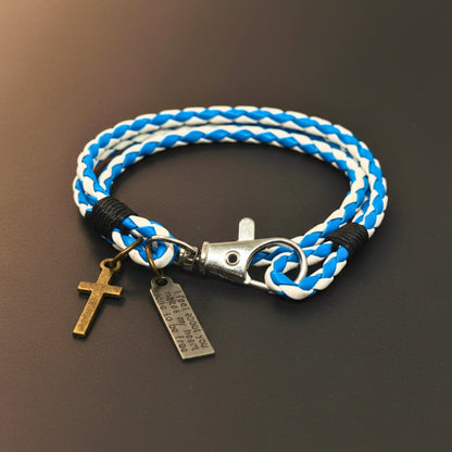 CROSSLOOM - White and Blue 10mm Genuine Leather Bracelet with Stainless Steel Lobster Clasp for Men & Boys (15 inch) - THE MEN THING