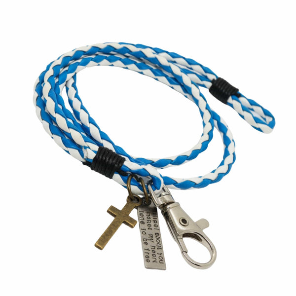 CROSSLOOM - White and Blue 10mm Genuine Leather Bracelet with Stainless Steel Lobster Clasp for Men & Boys (15 inch)