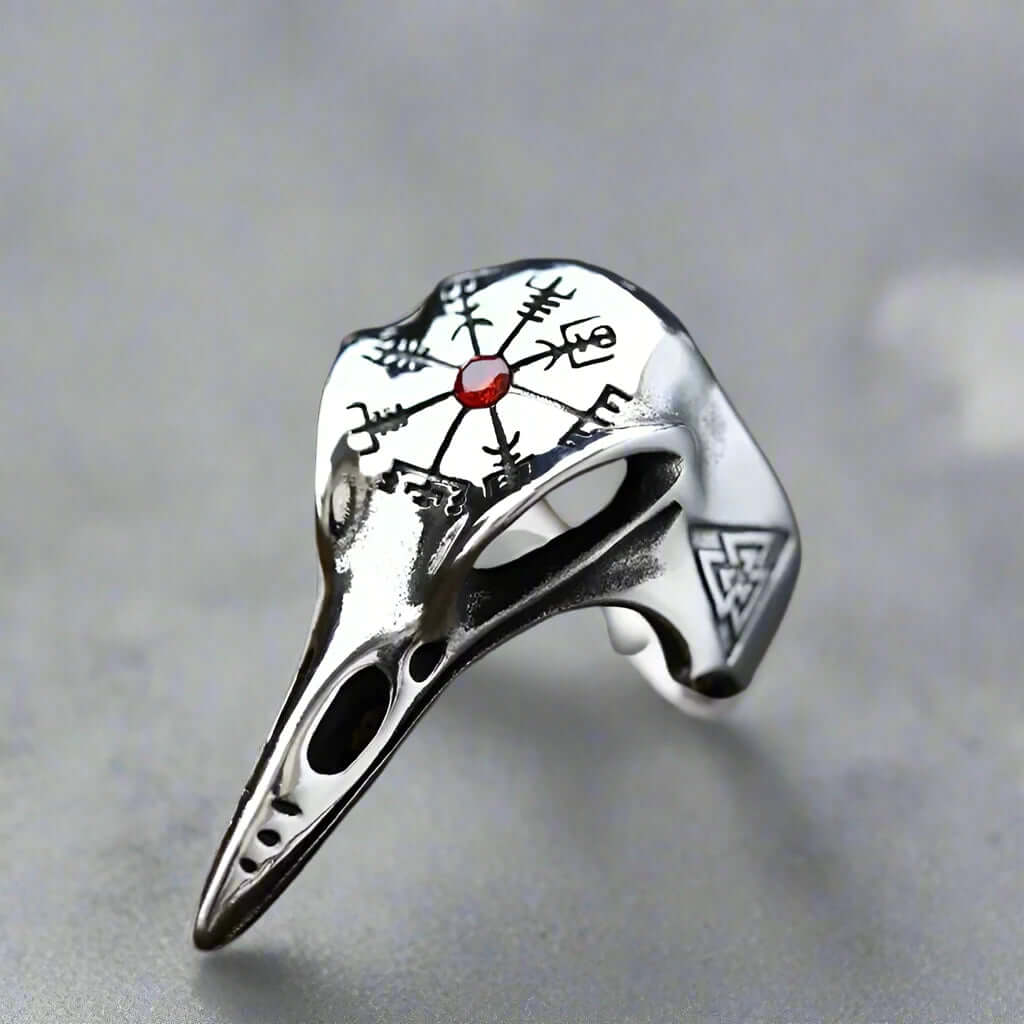 CROW SKULL VIKING - Titanium Steel Ring with Red Stone - Size 17-21- 24) - THE MEN THING