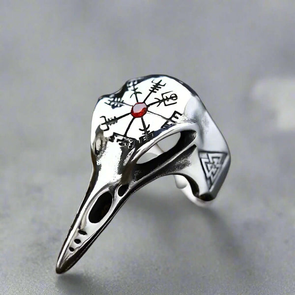 CROW SKULL VIKING - Titanium Steel Ring with Red Stone - Size 17-21- 24)