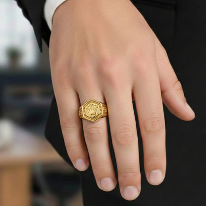 CROWN PRESTIGE - GOLDEN - Pure Stainless Steel Men’s Gold Plated Ring (Size : 16-22-26 ) - THE MEN THING