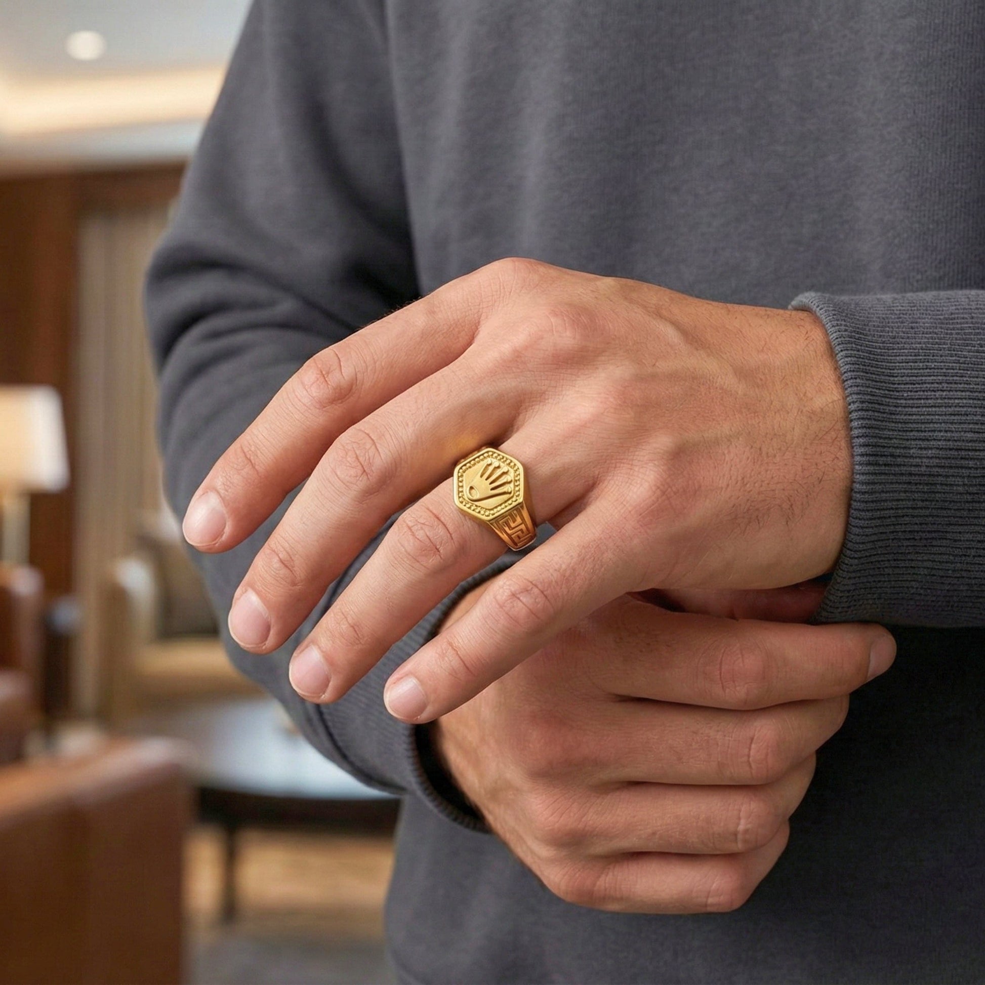 CROWN PRESTIGE - GOLDEN - Pure Stainless Steel Men’s Gold Plated Ring (Size : 16-22-26 ) - THE MEN THING