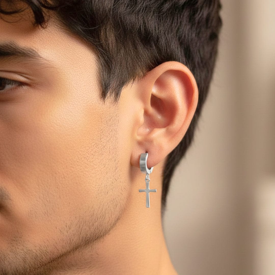CRUCIS - SILVER - Titanium Steel Hoop Earrings for Men & Boys (2 Pcs) - THE MEN THING