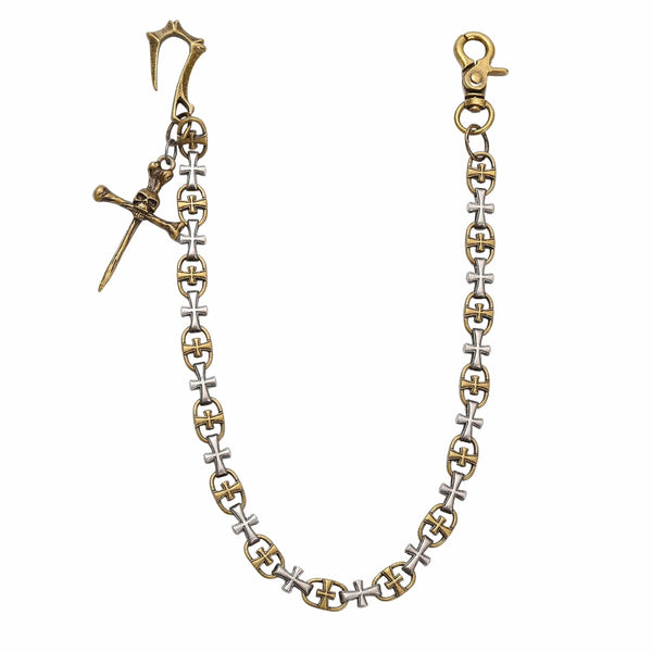 CRUCIX LINK - Antique Gold Pendant 13mm Titanium Steel Skull Heavy Biker Chain for Jeans with Lobster Clasps for Men & Boys - 20 inch