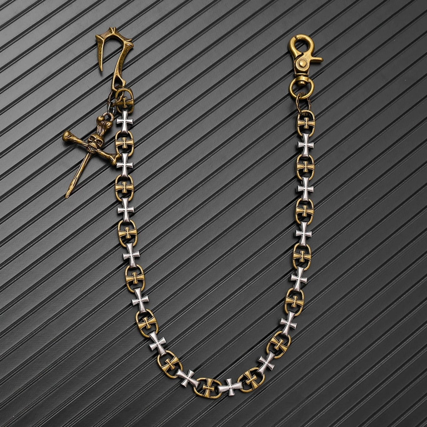 CRUCIX LINK - Antique Gold Pendant 13mm Titanium Steel Skull Heavy Biker Chain for Jeans with Lobster Clasps for Men & Boys - 20 inch - THE MEN THING