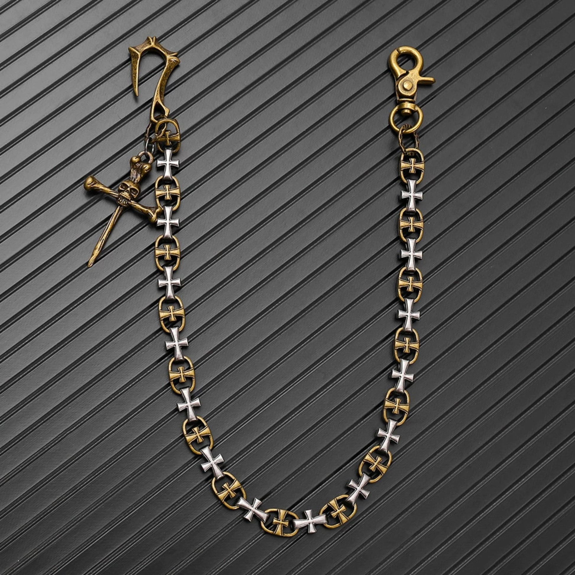 CRUCIX LINK - Antique Gold Pendant 13mm Titanium Steel Skull Heavy Biker Chain for Jeans with Lobster Clasps for Men & Boys - 20 inch - THE MEN THING