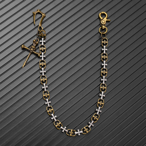 CRUCIX LINK - Antique Gold Pendant 13mm Titanium Steel Skull Heavy Biker Chain for Jeans with Lobster Clasps for Men & Boys - 20 inch