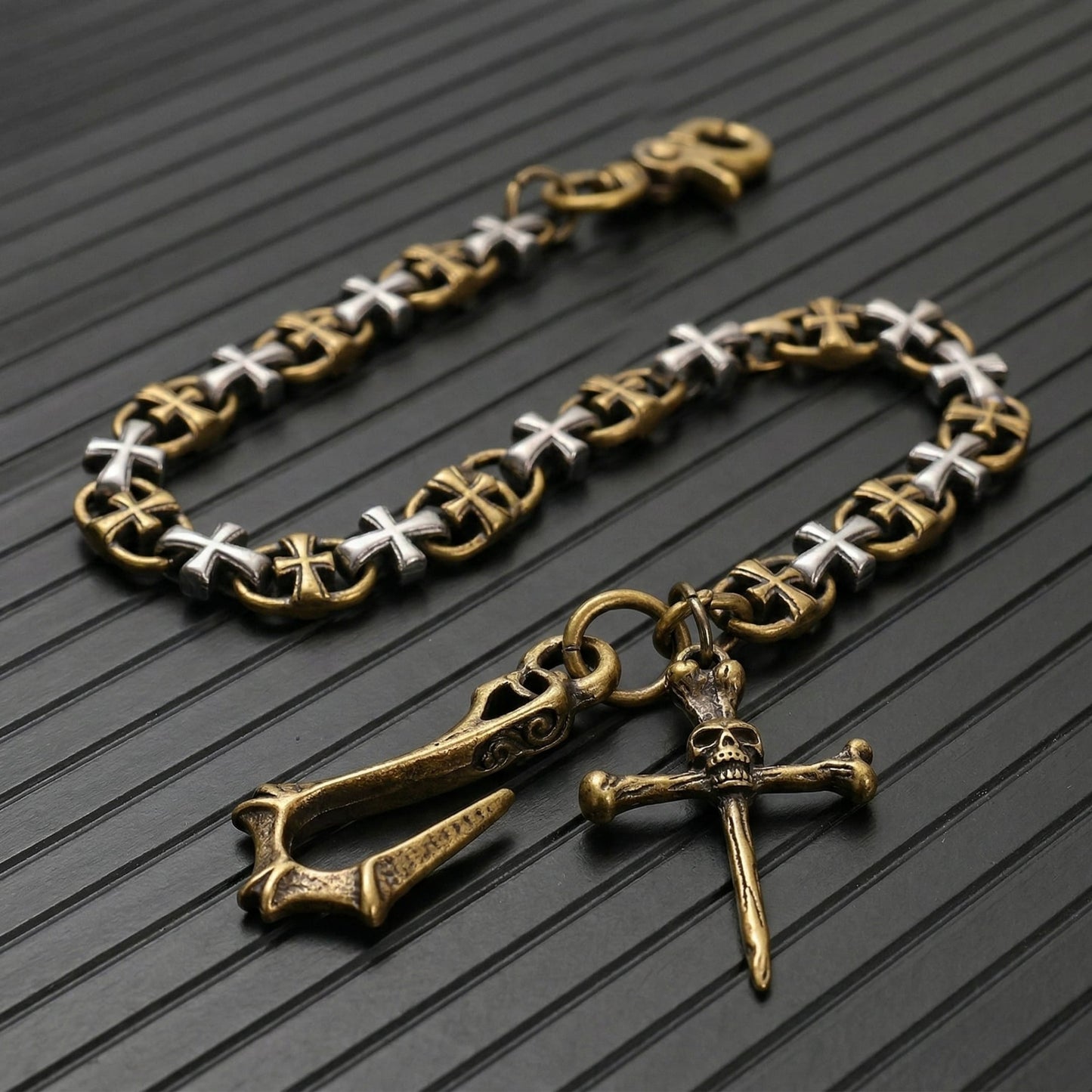 CRUCIX LINK - Antique Gold Pendant 13mm Titanium Steel Skull Heavy Biker Chain for Jeans with Lobster Clasps for Men & Boys - 20 inch - THE MEN THING