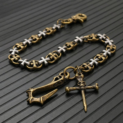 CRUCIX LINK - Antique Gold Pendant 13mm Titanium Steel Skull Heavy Biker Chain for Jeans with Lobster Clasps for Men & Boys - 20 inch - THE MEN THING