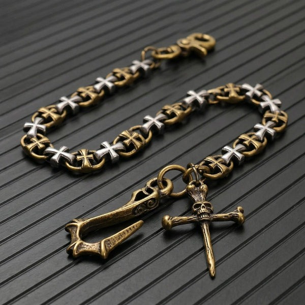 CRUCIX LINK - Antique Gold Pendant 13mm Titanium Steel Skull Heavy Biker Chain for Jeans with Lobster Clasps for Men & Boys - 20 inch