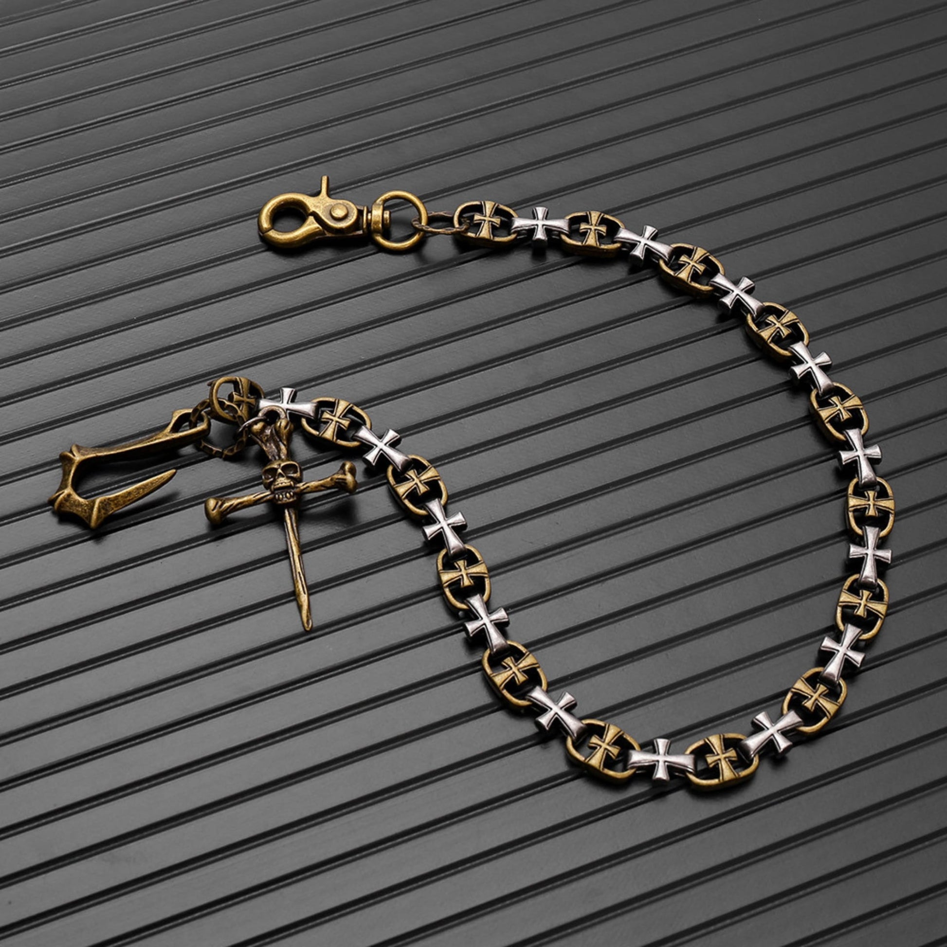 CRUCIX LINK - Antique Gold Pendant 13mm Titanium Steel Skull Heavy Biker Chain for Jeans with Lobster Clasps for Men & Boys - 20 inch - THE MEN THING