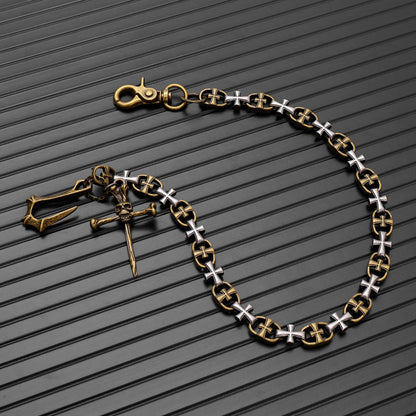 CRUCIX LINK - Antique Gold Pendant 13mm Titanium Steel Skull Heavy Biker Chain for Jeans with Lobster Clasps for Men & Boys - 20 inch - THE MEN THING