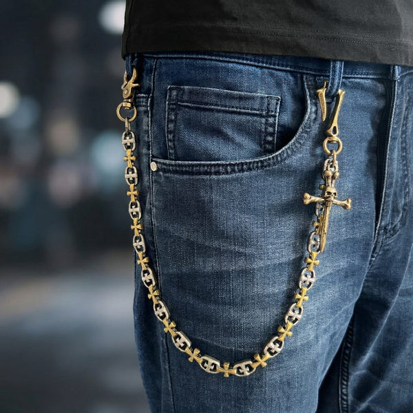 CRUCIX LINK - Antique Gold Pendant 13mm Titanium Steel Skull Heavy Biker Chain for Jeans with Lobster Clasps for Men & Boys - 20 inch
