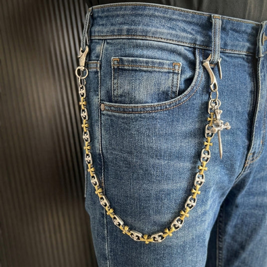 CRUCIX LINK - Antique Steel Pendant 13mm Titanium Steel Skull Heavy Biker Chain for Jeans with Lobster Clasps for Men & Boys - 20 inch - THE MEN THING