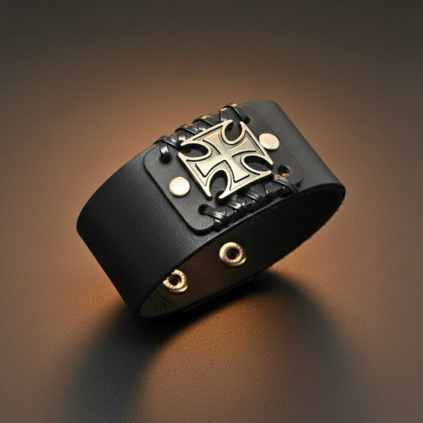 CRUSADER CROSS - 45mm Genuine Leather Adjustable Bracelet for Men & Boys (9 inch)