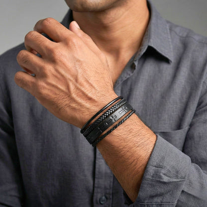 CRUSADER LEGION BLACK - 23mm Genuine Leather Bracelet with Stainless Steel Magnetic Black Buckle for Men & Boys (8.5 inch) - THE MEN THING