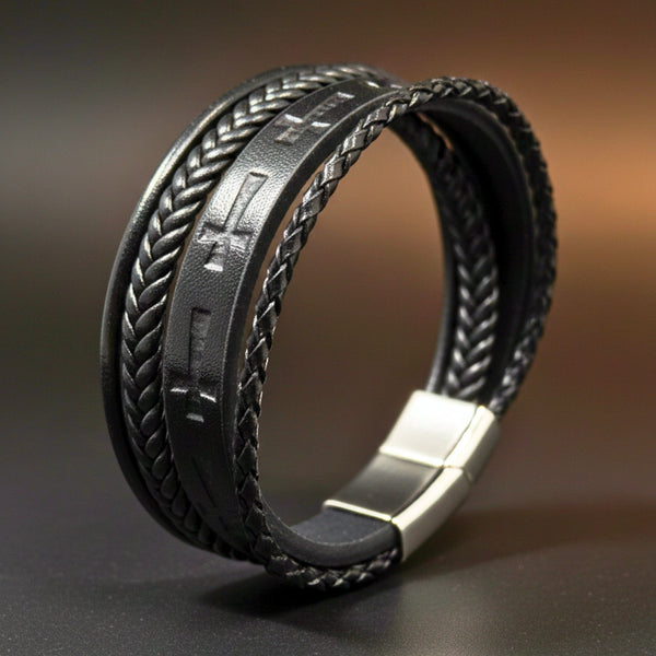 CRUSADER LEGION BLACK - 23mm Genuine Leather Bracelet with Stainless Steel Magnetic Silver Buckle for Men & Boys (8.5 inch)