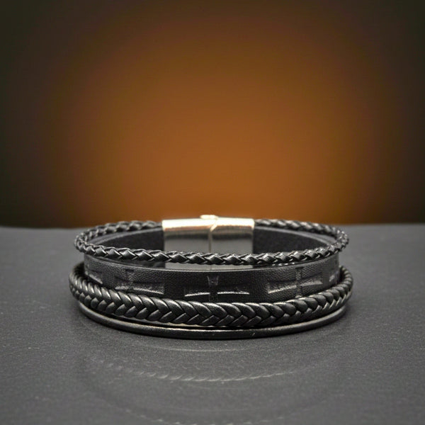 CRUSADER LEGION BLACK - 23mm Genuine Leather Bracelet with Stainless Steel Magnetic Silver Buckle for Men & Boys (8.5 inch)