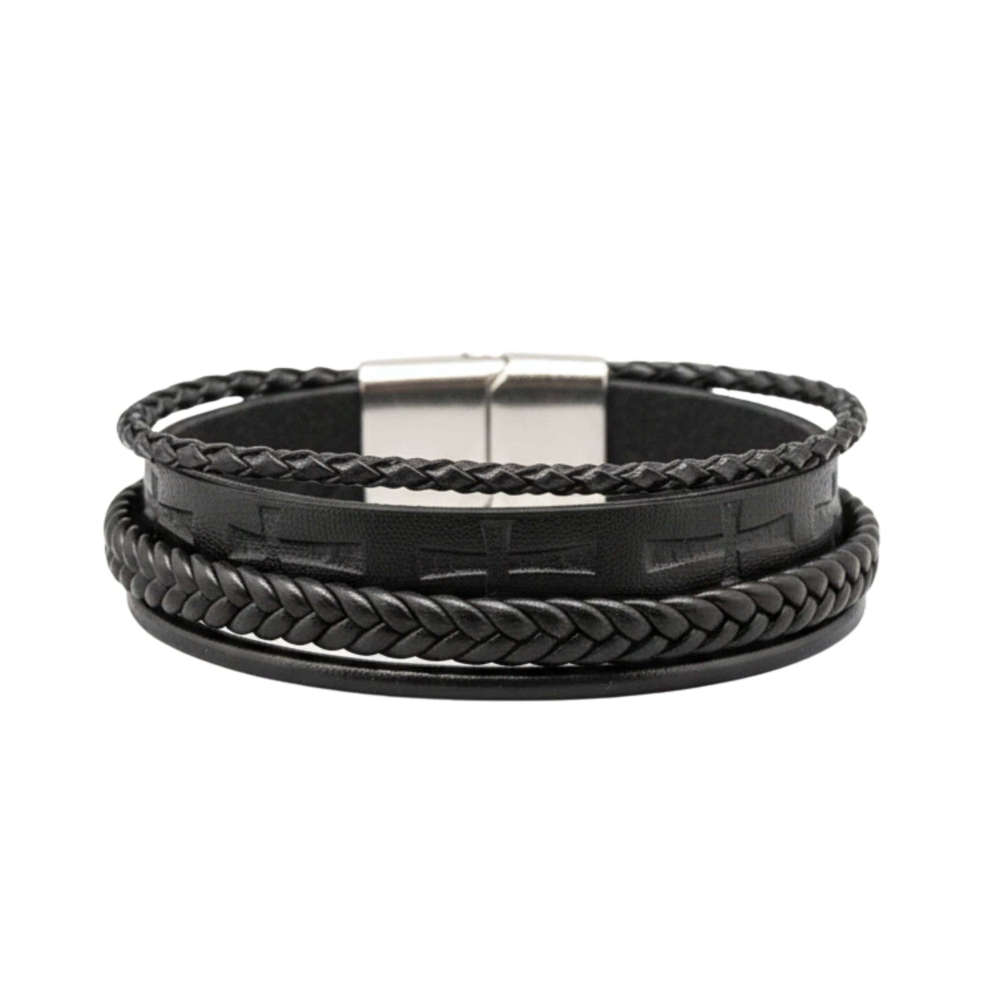 CRUSADER LEGION BLACK - 23mm Genuine Leather Bracelet with Stainless Steel Magnetic Silver Buckle for Men & Boys (8.5 inch) - THE MEN THING