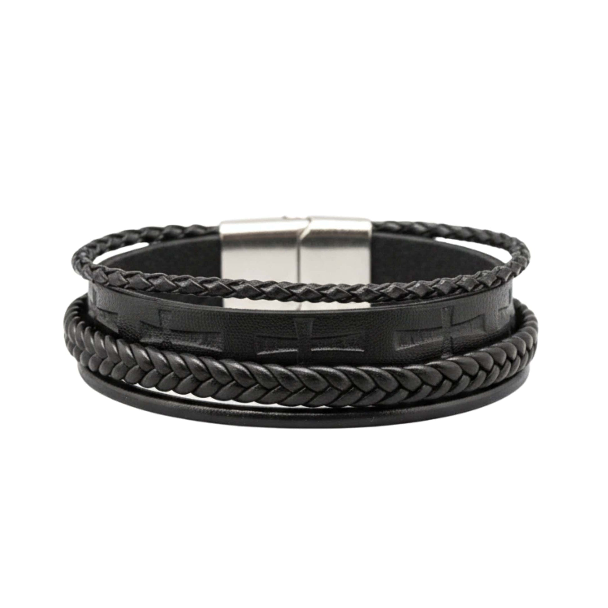 CRUSADER LEGION BLACK - 23mm Genuine Leather Bracelet with Stainless Steel Magnetic Silver Buckle for Men & Boys (8.5 inch) - THE MEN THING