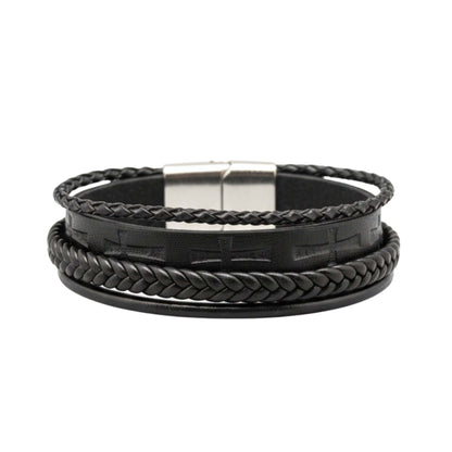 CRUSADER LEGION BLACK - 23mm Genuine Leather Bracelet with Stainless Steel Magnetic Silver Buckle for Men & Boys (8.5 inch) - THE MEN THING