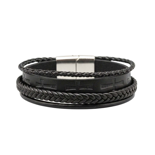 CRUSADER LEGION BLACK - 23mm Genuine Leather Bracelet with Stainless Steel Magnetic Silver Buckle for Men & Boys (8.5 inch) - THE MEN THING