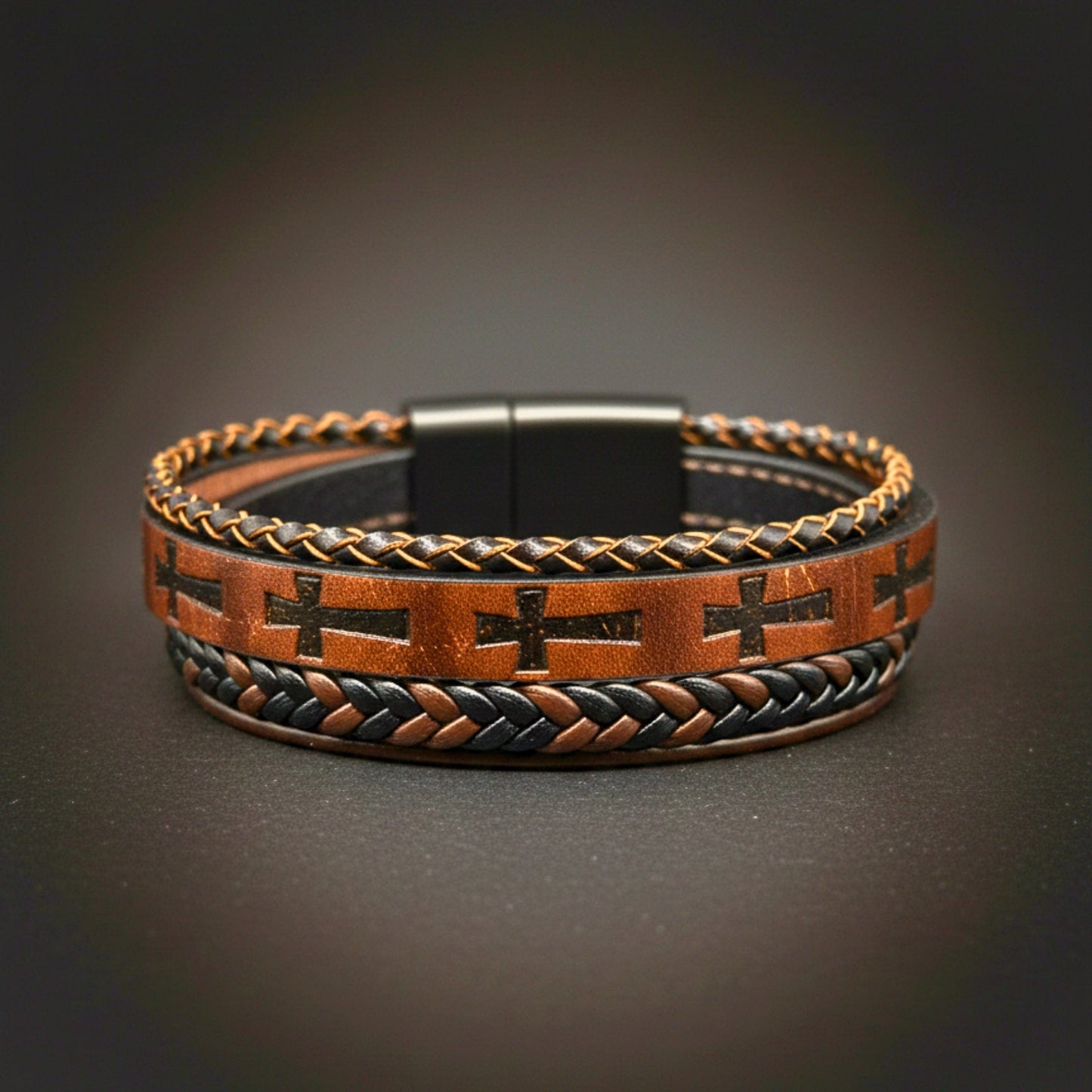 CRUSADER LEGION DARK BROWN - 23mm Genuine Leather Bracelet with Stainless Steel Magnetic Black Buckle for Men & Boys (8.5 inch) - THE MEN THING