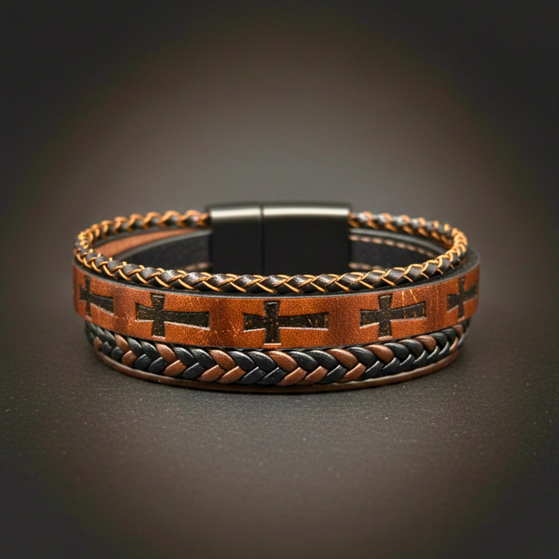 CRUSADER LEGION DARK BROWN - 23mm Genuine Leather Bracelet with Stainless Steel Magnetic Black Buckle for Men & Boys (8.5 inch) - THE MEN THING