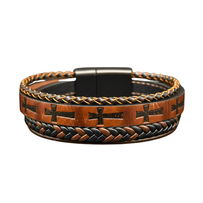 CRUSADER LEGION DARK BROWN - 23mm Genuine Leather Bracelet with Stainless Steel Magnetic Black Buckle for Men & Boys (8.5 inch) - THE MEN THING