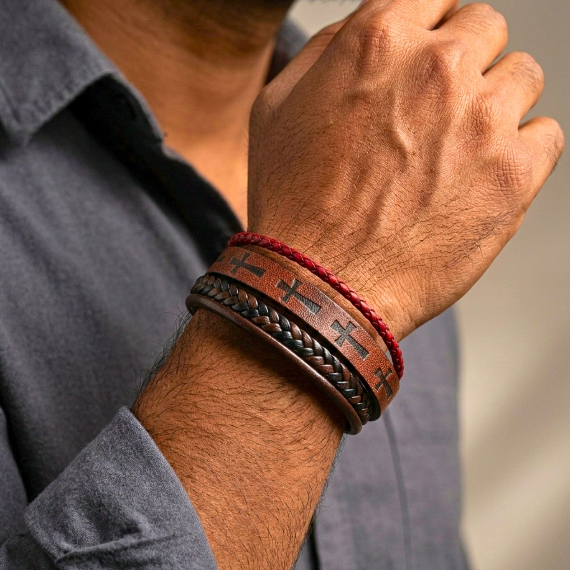 CRUSADER LEGION DARK BROWN - 23mm Genuine Leather Bracelet with Stainless Steel Magnetic Silver Buckle for Men & Boys (8.5 inch) - THE MEN THING