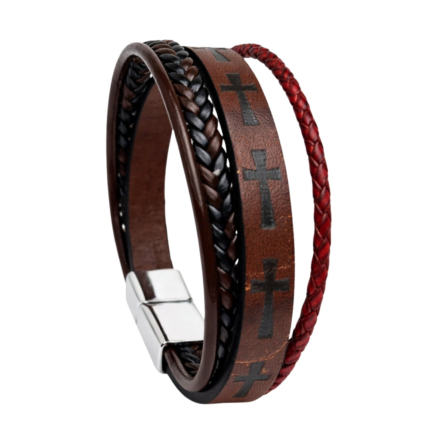 CRUSADER LEGION DARK BROWN - 23mm Genuine Leather Bracelet with Stainless Steel Magnetic Silver Buckle for Men & Boys (8.5 inch) - THE MEN THING