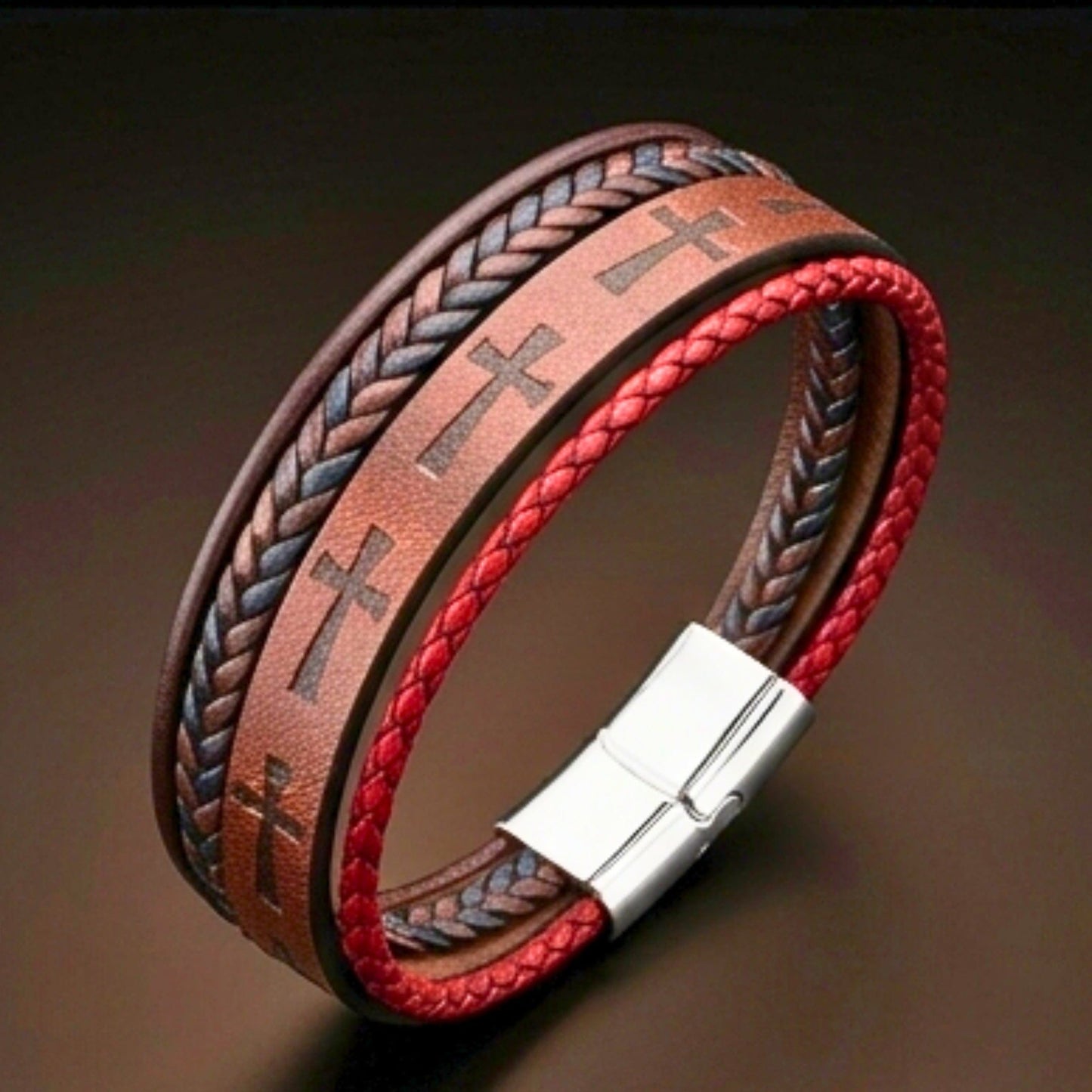 CRUSADER LEGION DARK BROWN - 23mm Genuine Leather Bracelet with Stainless Steel Magnetic Silver Buckle for Men & Boys (8.5 inch) - THE MEN THING
