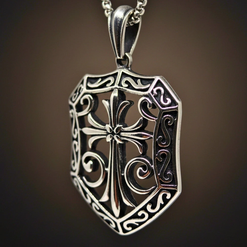 CRUSADER SHIELD - 40mm Titanium Steel Pendant with 24inch Round Box 5mm Chain for Men & Boys - THE MEN THING