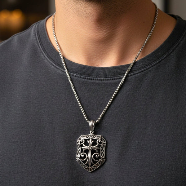 CRUSADER SHIELD - 40mm Titanium Steel Pendant with 24inch Round Box 5mm Chain for Men & Boys