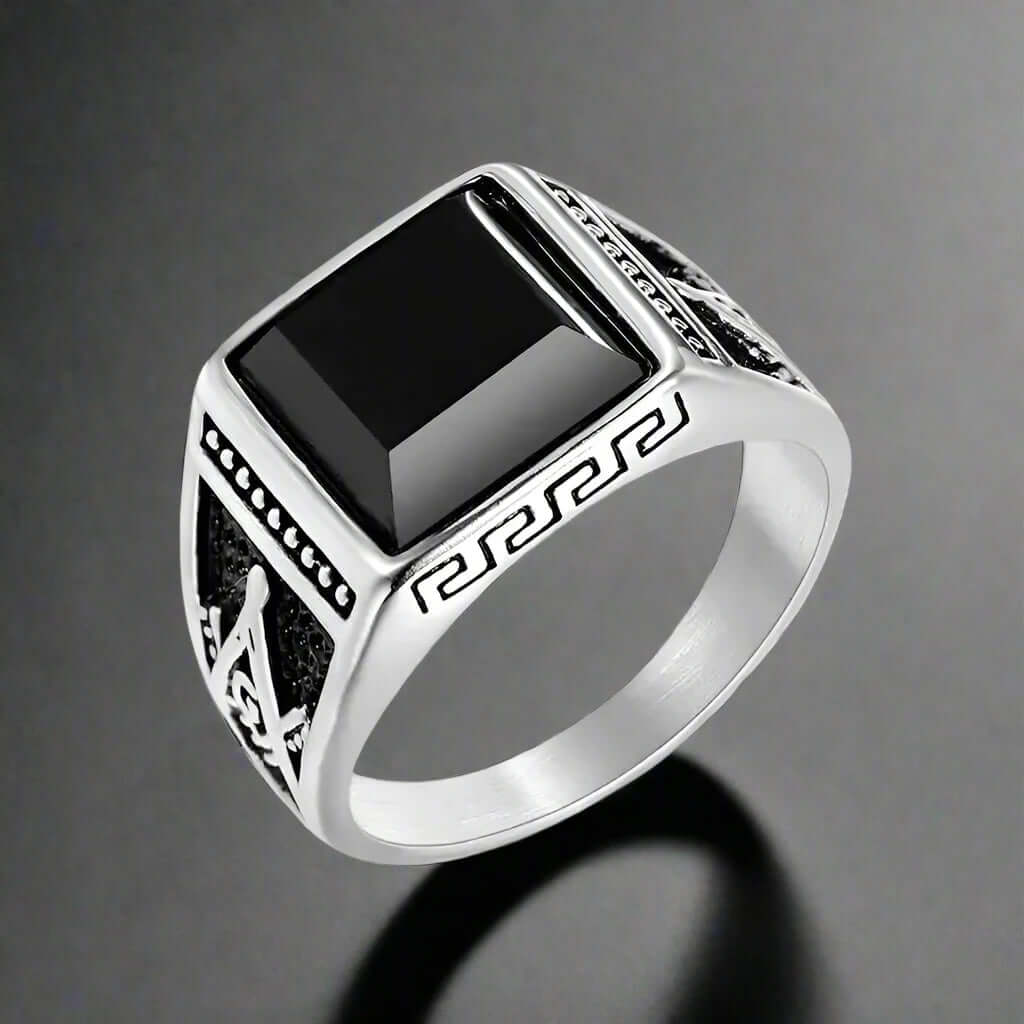 CUBIC ZIRCONIA - Ring for Men (Steel Colour) , Luxury Thick Solid Titanium Steel Ring Steel with Oval/Square Gemstone  (Size: 17,20,26) - THE MEN THING