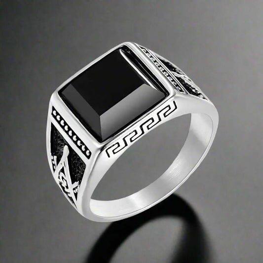 CUBIC ZIRCONIA - Ring for Men (Steel Colour) , Luxury Thick Solid Titanium Steel Ring Steel with Oval/Square Gemstone  (Size: 17,20,26) - THE MEN THING